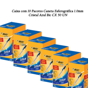 Caixa com 10 Pacotes Caneta Esferográfica 1.0mm Cristal Azul Bic CX 50 UN