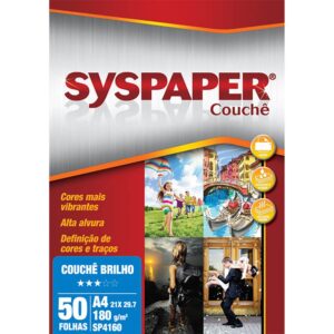 Papel couche c/brilho 180g 210x297 - Syspaper PT 50 Folhas